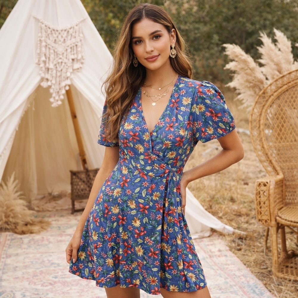 ZARA Woman Blue Floral Viscose Wrap Dress Cottagecore Boho Puff Sleeve Mini